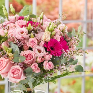 Gėlių puokštė_Pastelinis linkėjimas rozes gerberai eustoma